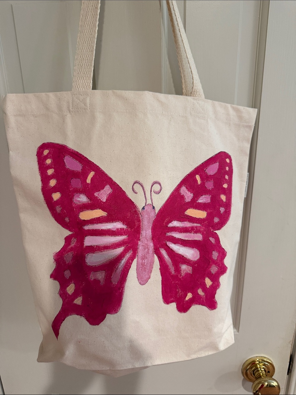 Hand painted Canvas Tote Bag with Pink Butterfly Print